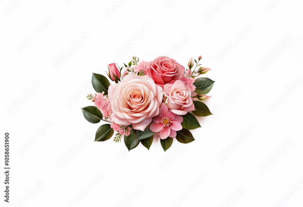 A cluster of delicate pink roses and buds with lush green leaves on a white background. A cluster of delicate pink roses and buds with lush green leaves on a white background.