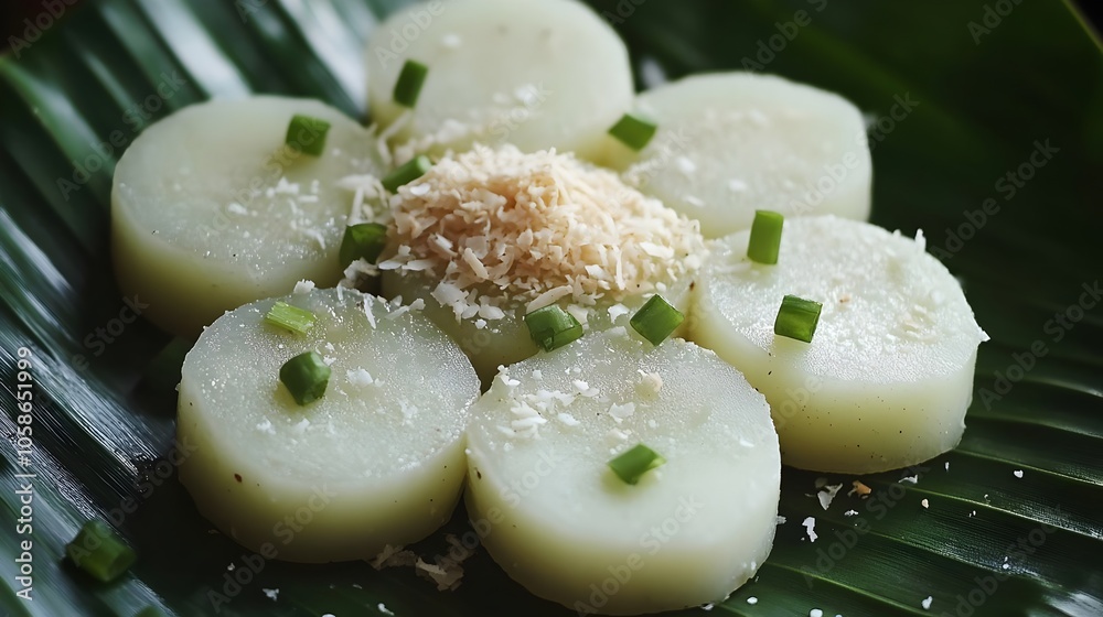 Nom Akor Steamed Rice Cakes Topped with Shredded Coconut (Cambodian Cuisine) Nom Akor Steamed Rice Cakes Topped with Shredded Coconut (Cambodian Cuisine)