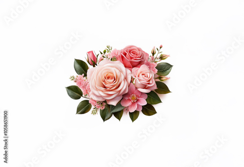 A cluster of delicate pink roses and buds with lush green leaves on a white background.