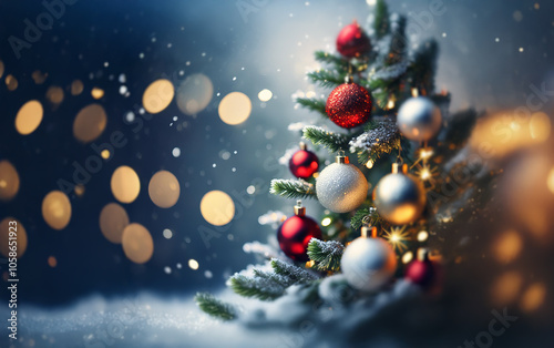 A decorated Christmas tree with red and silver ornaments stands against a snowy background with twinkling lights.