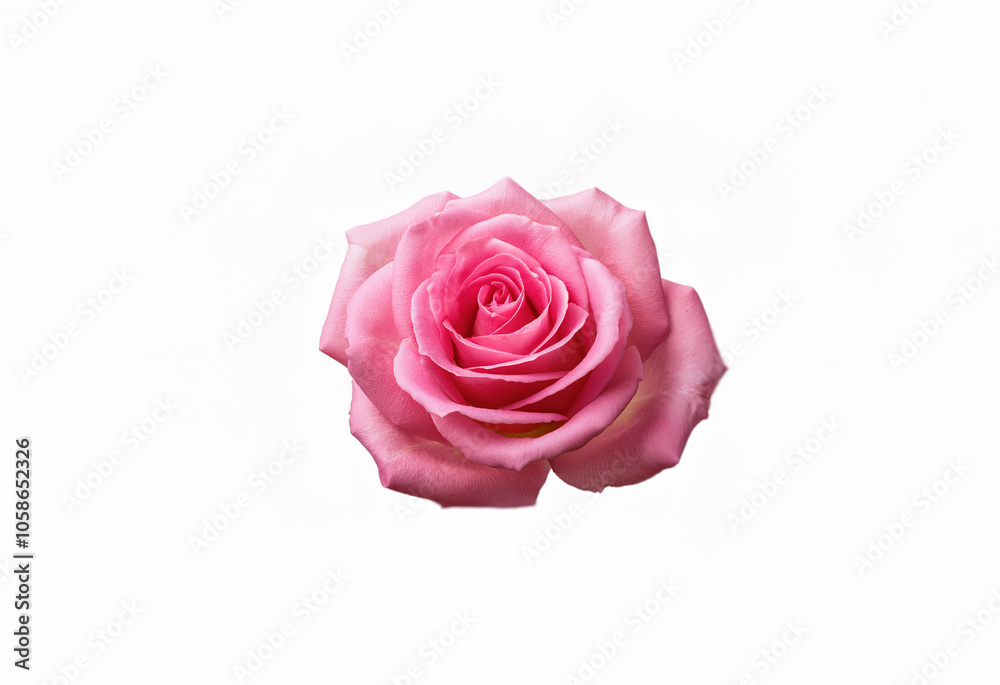 A single pink rose is isolated against a white background. The rose is fully bloomed. A single pink rose is isolated against a white background. The rose is fully bloomed.