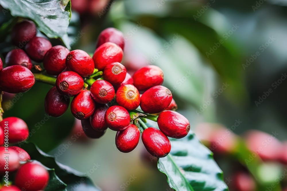 Obraz premium A close-up of ripe coffee cherries on a branch, showcasing their vibrant red color against green leaves.