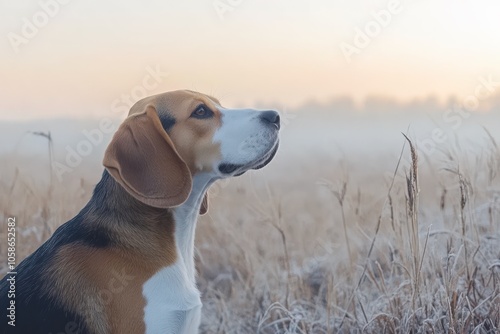 Beagle adult dog, standing alert in field, tricolor coat, loyal and friendly expression, long floppy ears photo