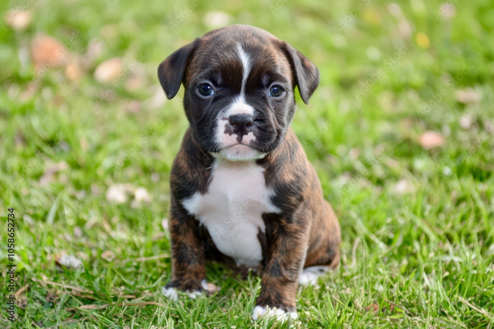 Boxer puppy, small with curious face, brown and white coat, playful and energetic, sitting with big eyes Boxer puppy, small with curious face, brown and white coat, playful and energetic, sitting with big eyes