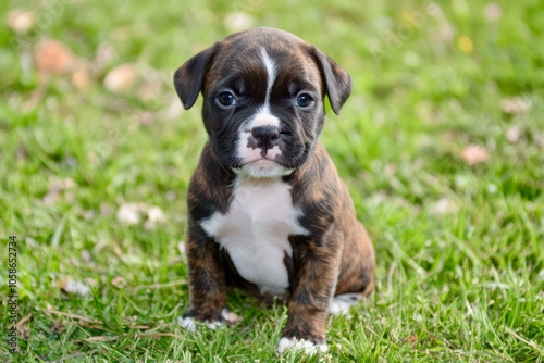 Boxer puppy, small with curious face, brown and white coat, playful and energetic, sitting with big eyes