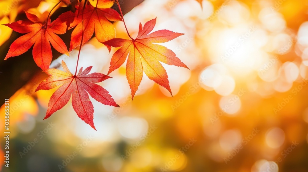 Close-up of vibrant red and orange maple leaves on a branch against a blurred background of golden foliage and sunlight. Close-up of vibrant red and orange maple leaves on a branch against a blurred background of golden foliage and sunlight.