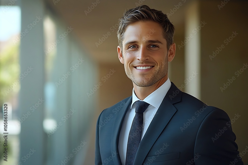 Confident Businessman in Suit with Blurred Office Background Confident Businessman in Suit with Blurred Office Background