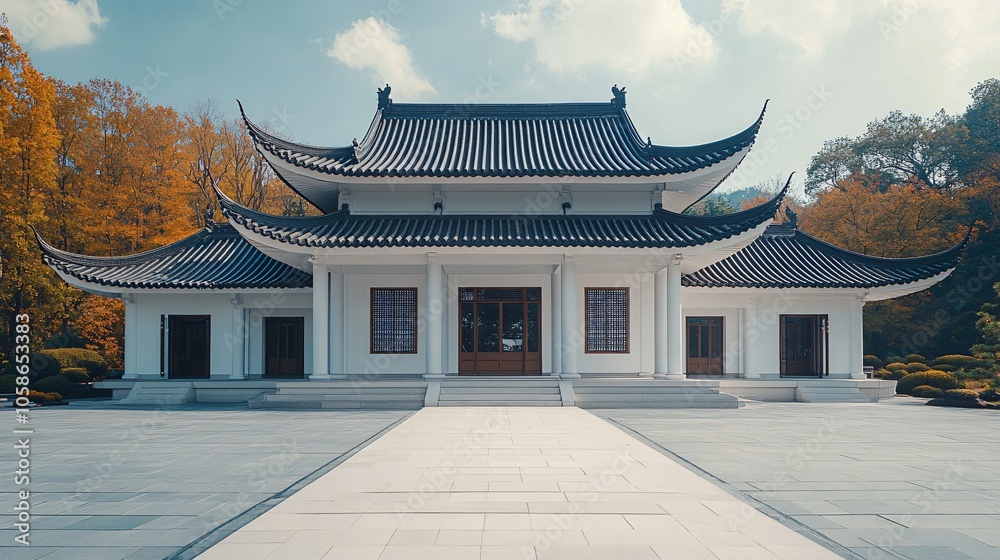 Obraz premium Traditional Chinese Anhui Hui-style Architecture with White Background, Platform, Roads, Parking Lots, and Brick Pavements for Car Advertisement Background