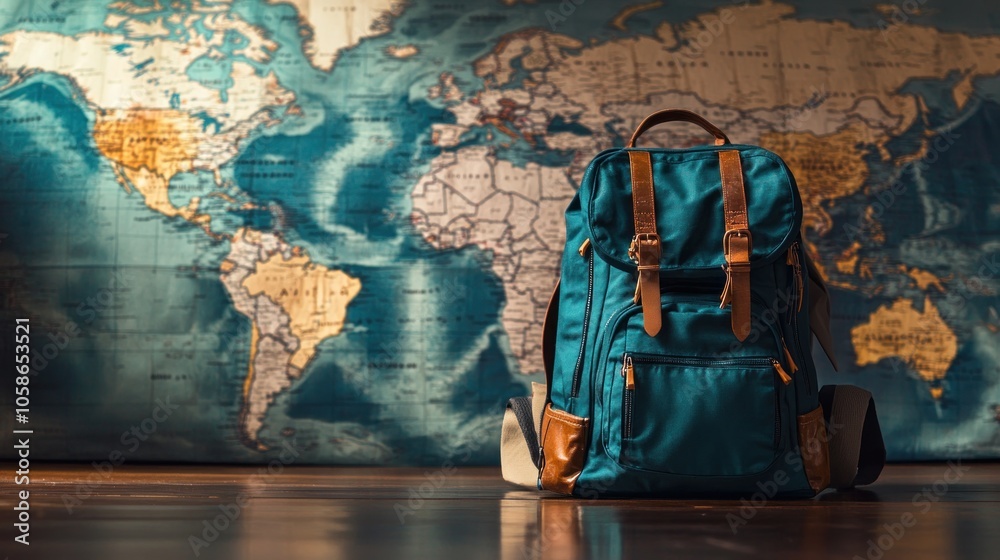 Naklejka premium A blue backpack sits in front of a world map, ready for adventure.
