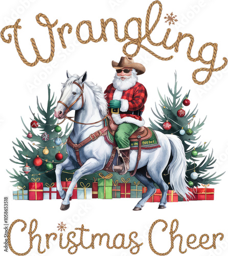 Watercolor Plaid Christmas Cowboy Santa Riding a Horse Quotes PNG Clipart. Cozy Holiday Themes Decor & Festive Seasonal Art Designs. Embrace Rustic Winter Plaid Vibe for Seasonal Projects.