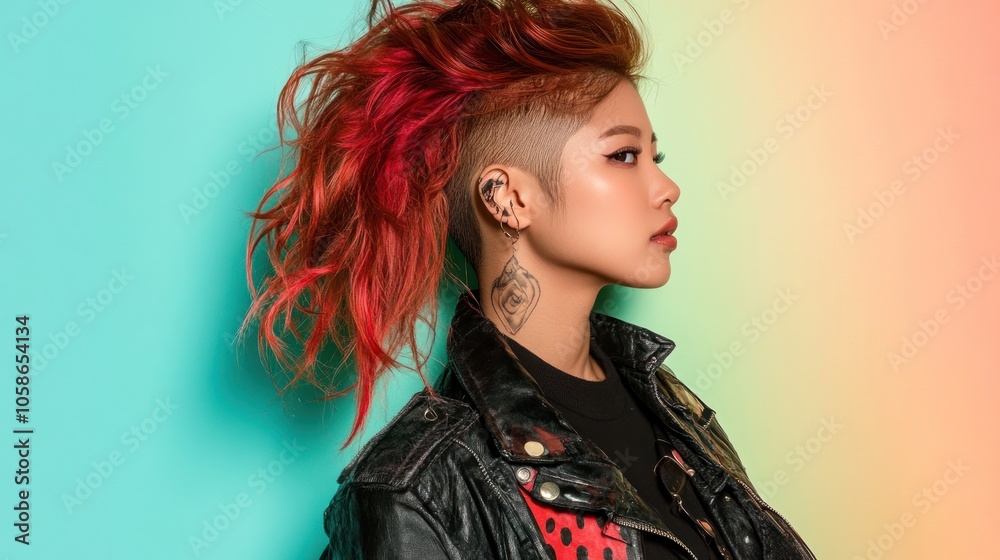 A stylish individual with vibrant hair poses against a colorful backdrop. A stylish individual with vibrant hair poses against a colorful backdrop.