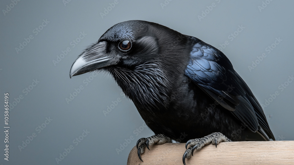 Fototapeta premium Close-up of a black crow with glossy feathers perched on a wooden surface against a neutral background.