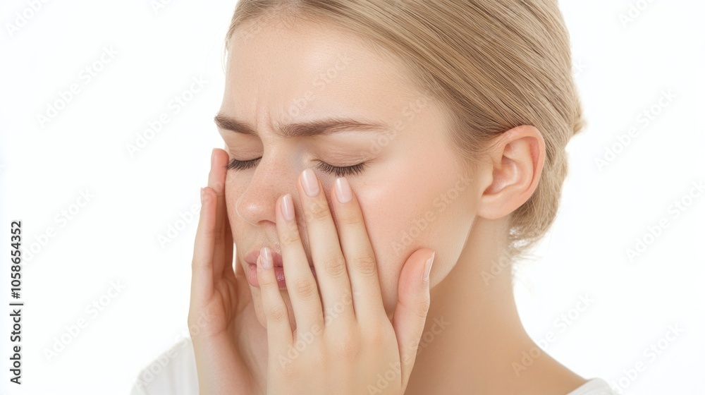 A young woman with blonde hair is rubbing her eyes and looking tired. A young woman with blonde hair is rubbing her eyes and looking tired.