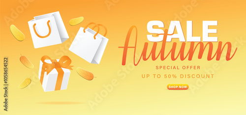 autumn sale on bright orange background with fall leaves, gift box, shopping bag and text effect