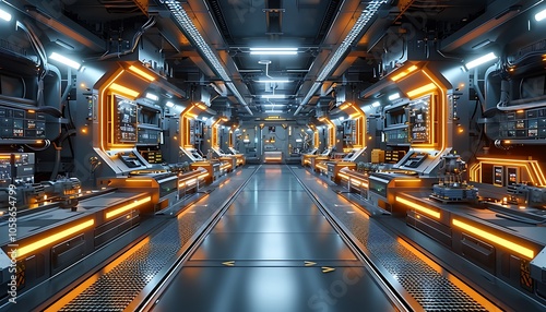 A futuristic, illuminated corridor filled with advanced technology and machinery, showcasing a sleek, metallic design.