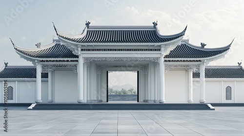 Traditional Chinese Anhui Hui-style Architecture with White Background, Platform, Roads, Parking Lots, and Brick Pavements for Car Advertisement Background photo