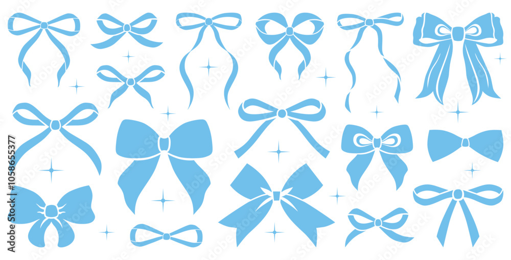 Fototapeta premium Simple hand drawn colorful ribbon bow collection. Bowknot for decoration, big set of bowtie. Large retro handdrawn ribbon illustration set. Set of various cartoon bow knots, gift ribbons. Blue color