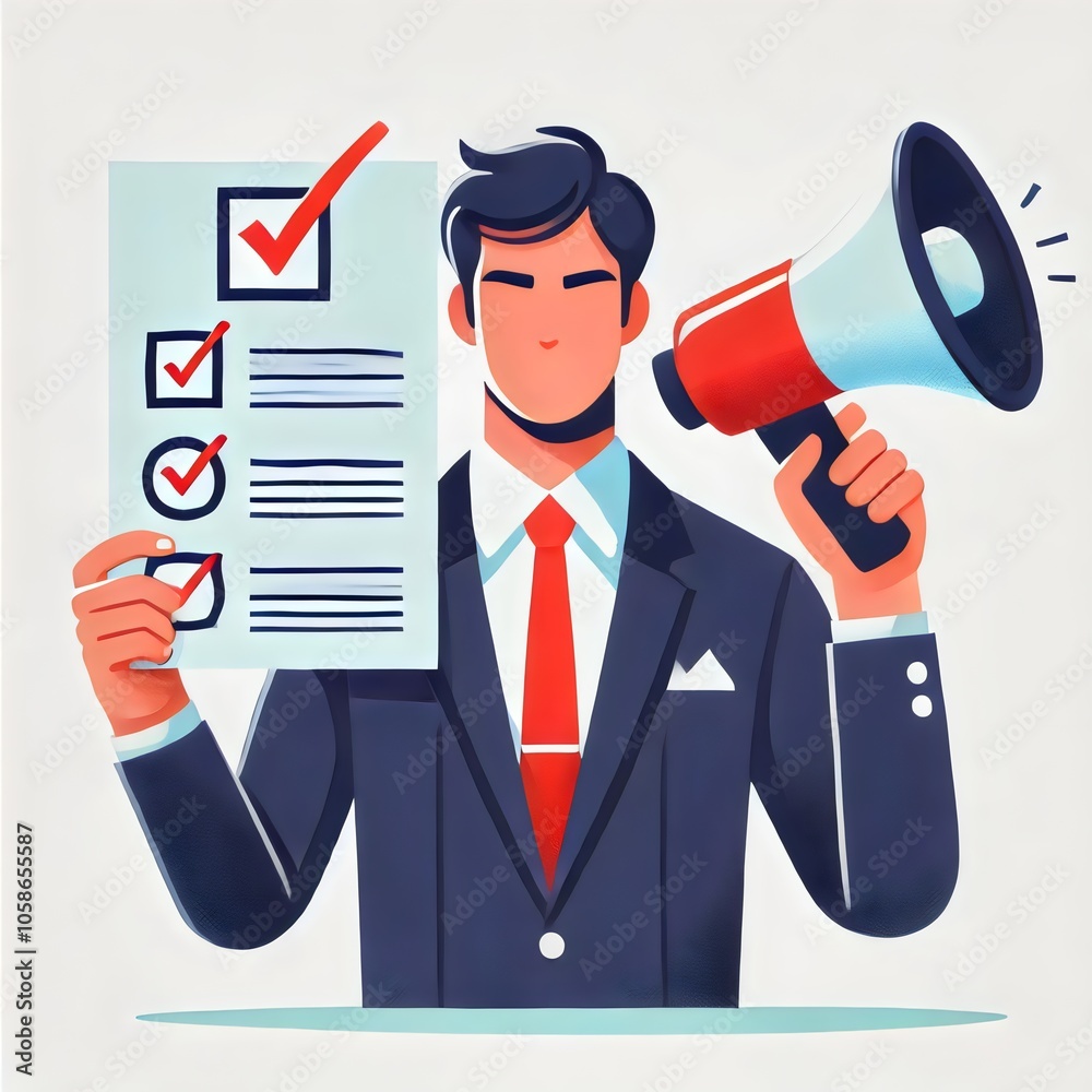 An illustration of a confident candidate in a suit, holding a checklist and speaking into a megaphone, symbolizing proactive campaigning and clear communication An illustration of a confident candidate in a suit, holding a checklist and speaking into a megaphone, symbolizing proactive campaigning and clear communication