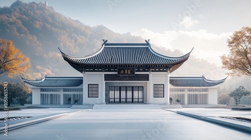 Traditional Chinese Anhui Hui-style Architecture with White Background, Platform, Roads, Parking Lots, and Brick Pavements for Car Advertisement Background photo