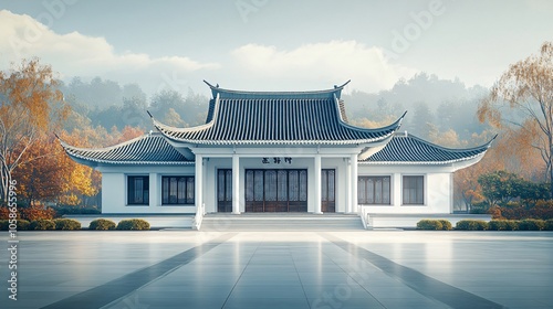 Traditional Chinese Anhui Hui-style Architecture with White Background, Platform, Roads, Parking Lots, and Brick Pavements for Car Advertisement Background photo