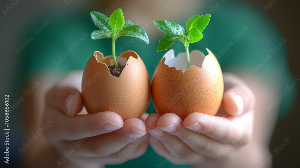 hands holding seedlings growing out of eggshells hands holding seedlings growing out of eggshells