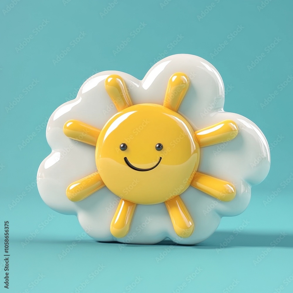Cheerful Sun and Cloud Figurine on Turquoise Background Cheerful Sun and Cloud Figurine on Turquoise Background