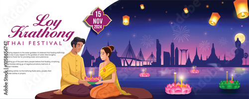 Loy Krathong festival in Thailand. A couple, dressed in traditional Thai attire, holds a krathong and wishes for good luck. Silhouetted against the Bangkok skyline.