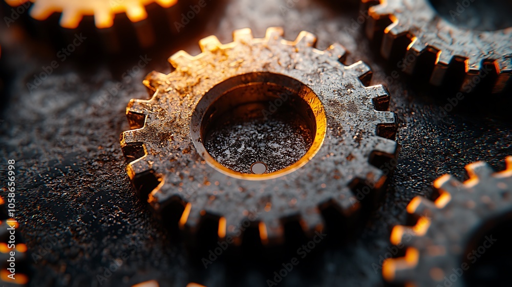 Close-up of Shiny, Interlocking Metal Gears With Orange Highlights Close-up of Shiny, Interlocking Metal Gears With Orange Highlights