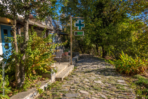 Old paved street inside the traditional village Kissos in Pelion, Greece. Autumn landscape. Outside the village pharmacy photo