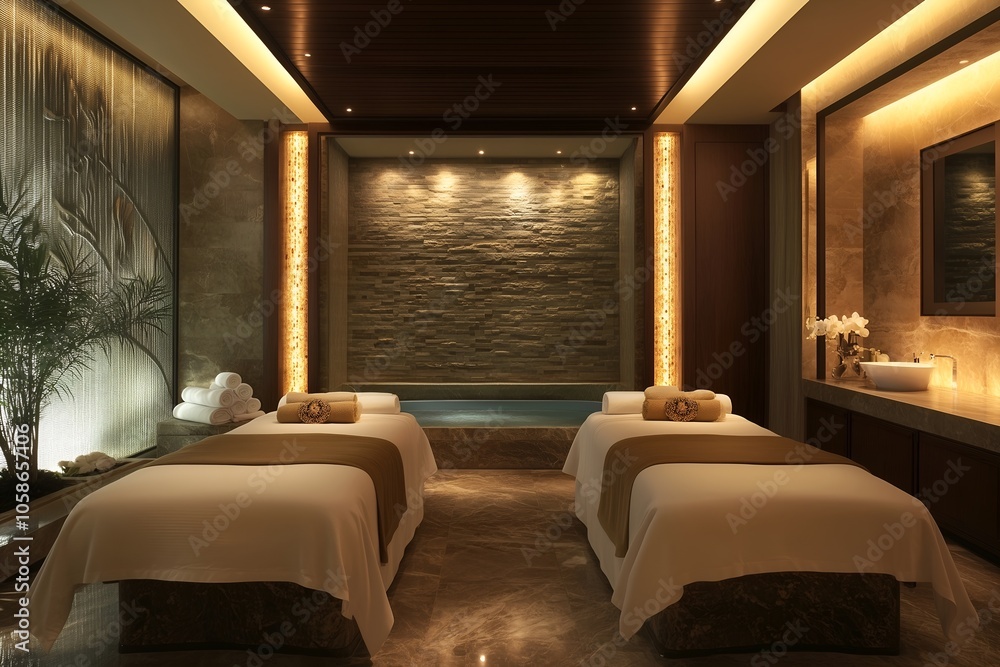 Luxurious Spa Suite with Twin Massage Beds and Warm Lighting - Ultimate Relaxation and Wellness Design Luxurious Spa Suite with Twin Massage Beds and Warm Lighting - Ultimate Relaxation and Wellness Design