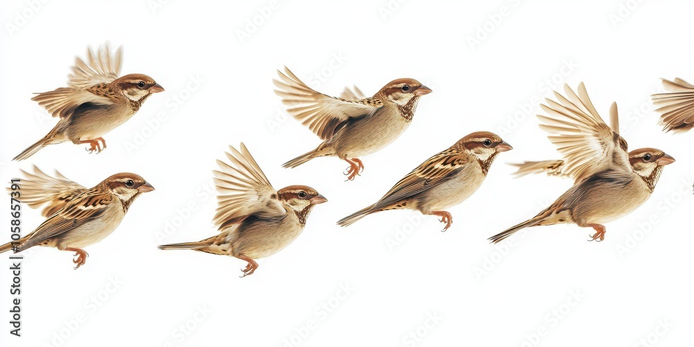 Group of sparrows in flight on white background, high-resolution capture of avian movement.