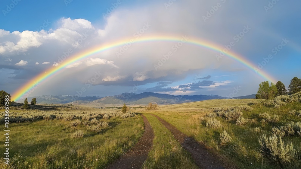 A vibrant rainbow arches over a dirt road leading towards a distant mountain range. The sky is a mix of blue and white clouds. A vibrant rainbow arches over a dirt road leading towards a distant mountain range. The sky is a mix of blue and white clouds.