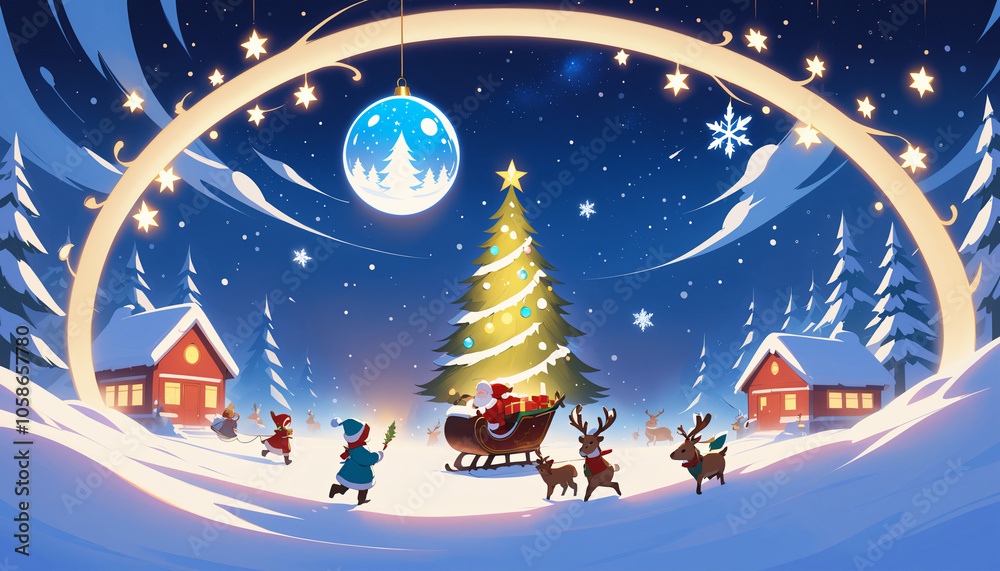 Naklejka premium Santa Claus in Sleigh, Decorated Winter Trees