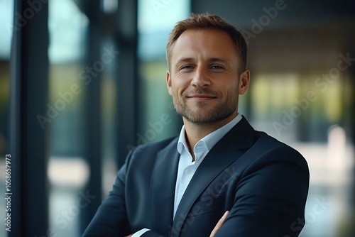 Confident Businessman in Suit, Focused and Determined, Office Background