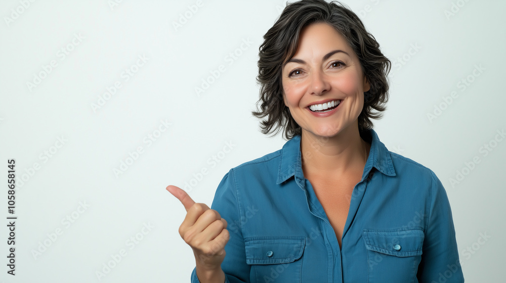 Smiling woman in a blue shirt pointing thumb up on a light background Smiling woman in a blue shirt pointing thumb up on a light background