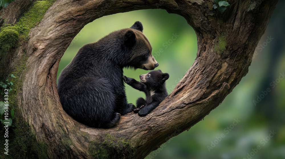 Obraz premium A mother bear and her cub share a tender moment nestled within a tree's natural hollow, surrounded by lush greenery, creating a heartwarming scene of wildlife and family - AI Generated Digital Art