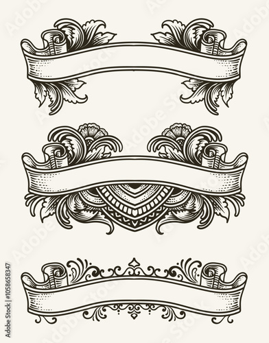 Vintage ribbons set classic engraving ornament style, Vector design