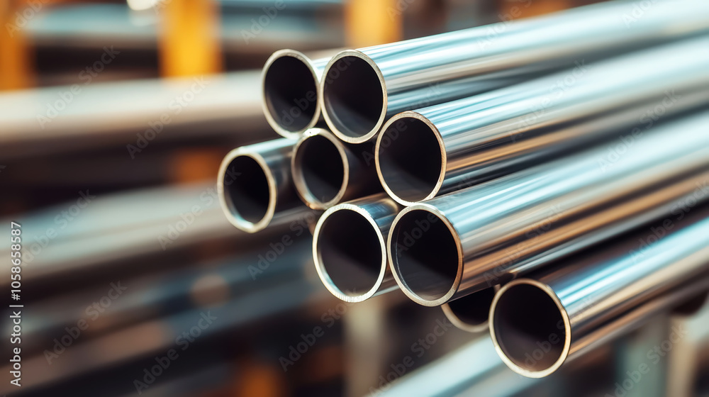 Close up of stack of stainless steel pipes. Metallurgy industry concept. Generative AI
