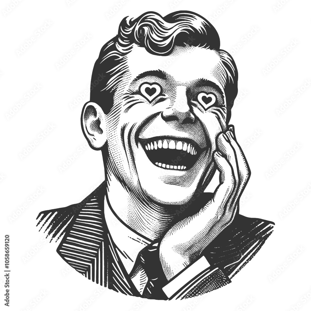 Fototapeta premium man with a classic hairstyle and mustache, featuring heart-shaped eyes symbolizing love sketch engraving generative ai vector illustration. Scratch board imitation. Black and white image.