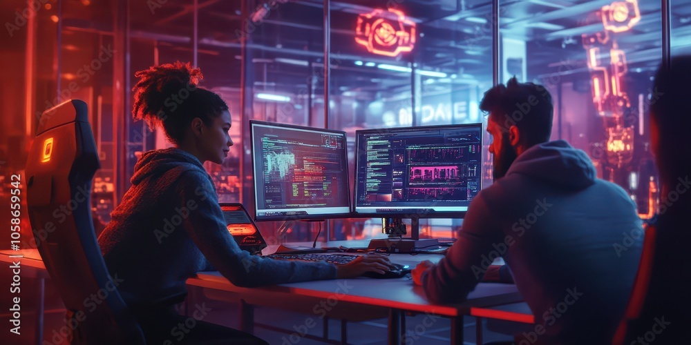 Diverse coworkers discussing project at computer in coworking space, generative AI theme
