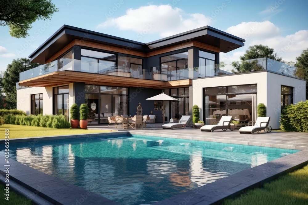Fototapeta premium Modern house with swimming pool and patio.