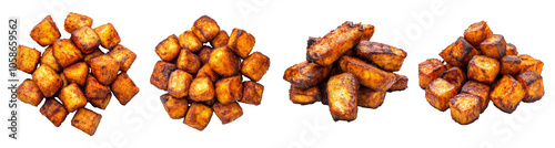 A collection of fried plantain cubes isolated on a transparent background, ideal for African cuisine and traditional celebrations