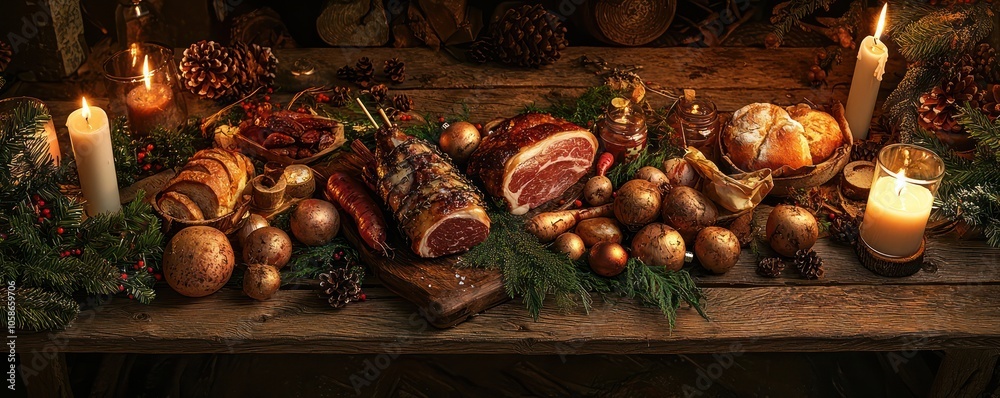 A rustic Christmas dinner scene with a wooden table set with roasted meats, root vegetables, and homemade bread, surrounded by candlelight and decorated with natural elements A rustic Christmas dinner scene with a wooden table set with roasted meats, root vegetables, and homemade bread, surrounded by candlelight and decorated with natural elements