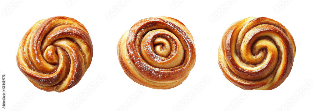 A collection of three cinnamon rolls, isolated on a transparent background, perfect for bakery or holiday dessert themes A collection of three cinnamon rolls, isolated on a transparent background, perfect for bakery or holiday dessert themes