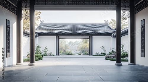 Traditional Chinese Anhui Hui-style Architecture with White Background, Platform, Roads, Parking Lots, and Brick Pavements for Car Advertisement Background