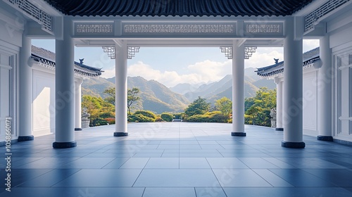 Traditional Chinese Anhui Hui-style Architecture with White Background, Platform, Roads, Parking Lots, and Brick Pavements for Car Advertisement Background photo