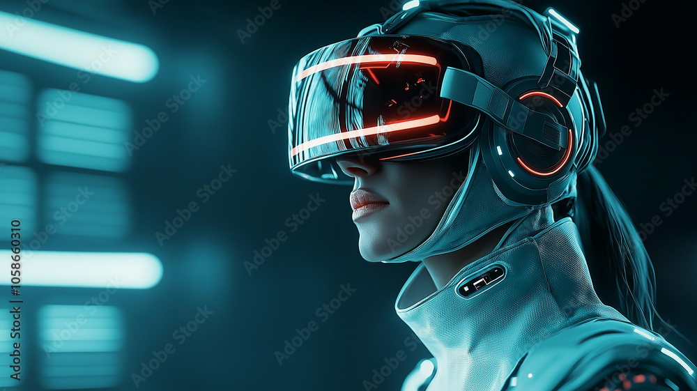 futuristic robot with sleek design wears virtual reality headset, glowing in neon lights, showcasing advanced technology in digital environment futuristic robot with sleek design wears virtual reality headset, glowing in neon lights, showcasing advanced technology in digital environment