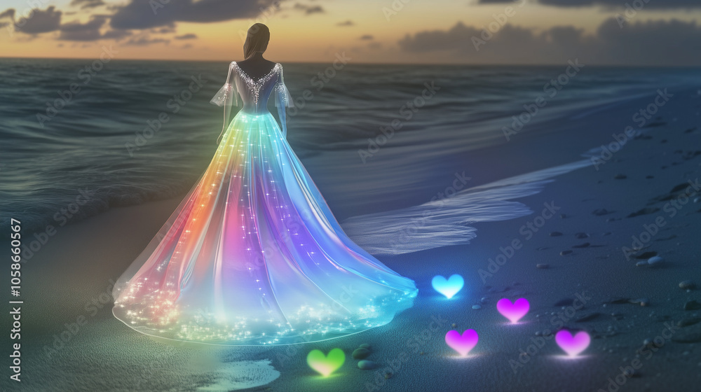 Elegant Woman In Starry Rainbow Dress Strolling Beach With Glowing Hearts Floating Around Elegant Woman In Starry Rainbow Dress Strolling Beach With Glowing Hearts Floating Around