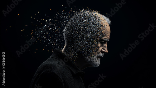 contemplative elderly man with fragmented head symbolizes memory loss against dark background