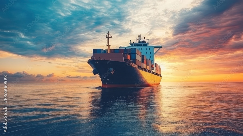 A large cargo ship sails across the ocean at sunset, with colorful clouds in the sky. A large cargo ship sails across the ocean at sunset, with colorful clouds in the sky.
